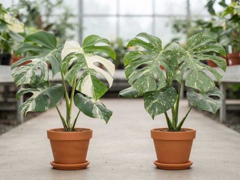 Monstera albo e Thai Constellation cultivadas lado a lado