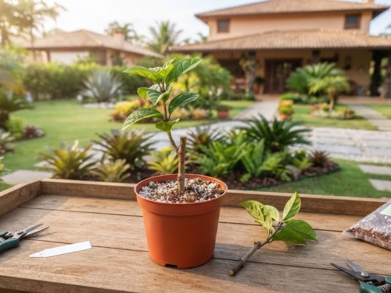 Muda de clerodendro vermelho feita por estaca em vaso pequeno