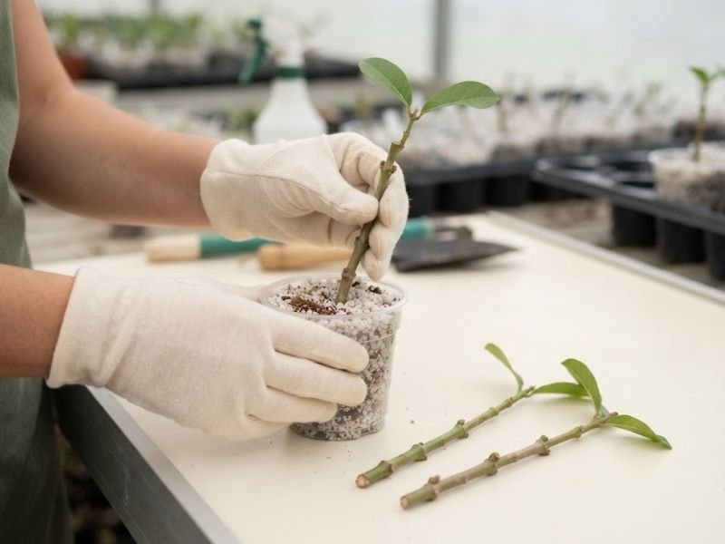 Estacas de flor-de-São-Miguel sendo colocadas em substrato leve para enraizamento