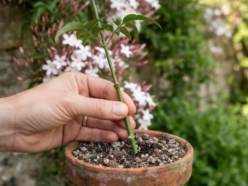 Estaca de jasmim dos poetas sem flores sendo plantada em vaso para produção de muda