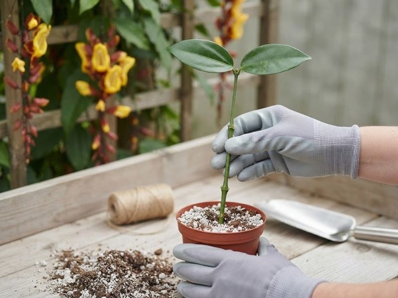 Estaca de sapatinho de judia com nós visíveis sendo plantada em vaso com substrato leve