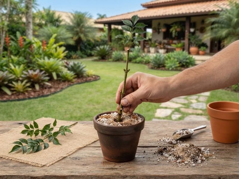 Estaca de sete léguas sendo plantada em pequeno vaso com substrato para formação de muda.