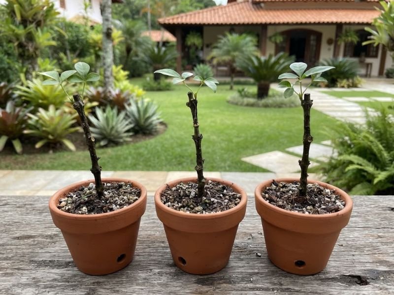 Três estacas de cipó de são joão em pequenos vasos com novas brotações verdes.