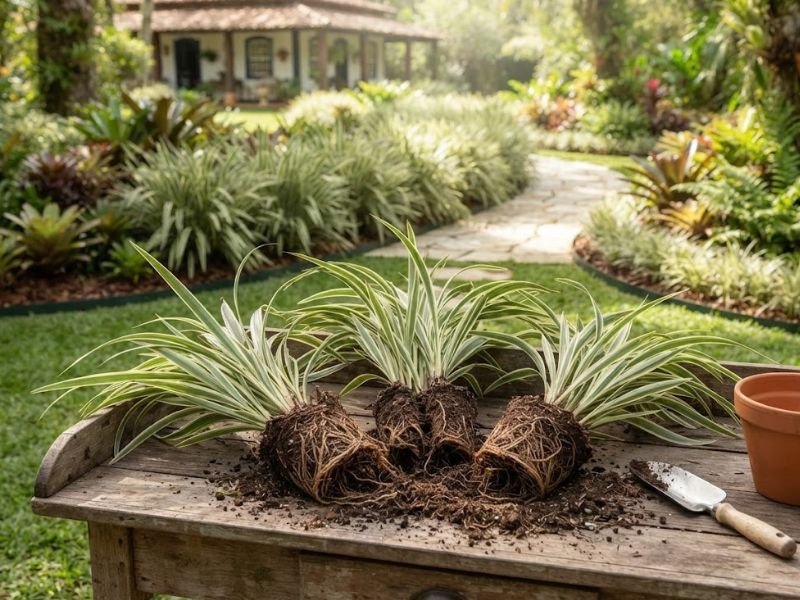 Partes de uma touceira de dianela variegata com folhas e raízes separadas para formar novas mudas.