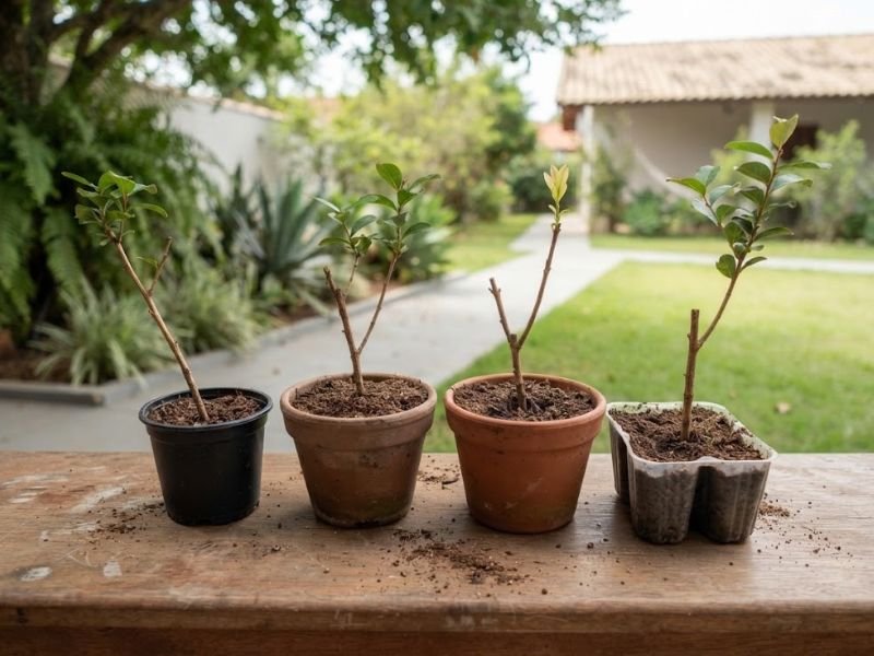 Estacas de extremosa cultivadas em recipientes sobre bancada de jardinagem