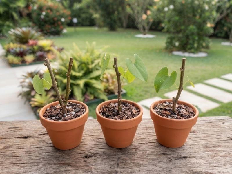 Três vasos pequenos com estacas de flor papo de peru sobre bancada de madeira em jardim residencial.