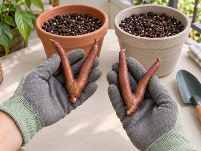 Mãos com luvas segurando tubérculos de gloriosa para o preparo de novas mudas