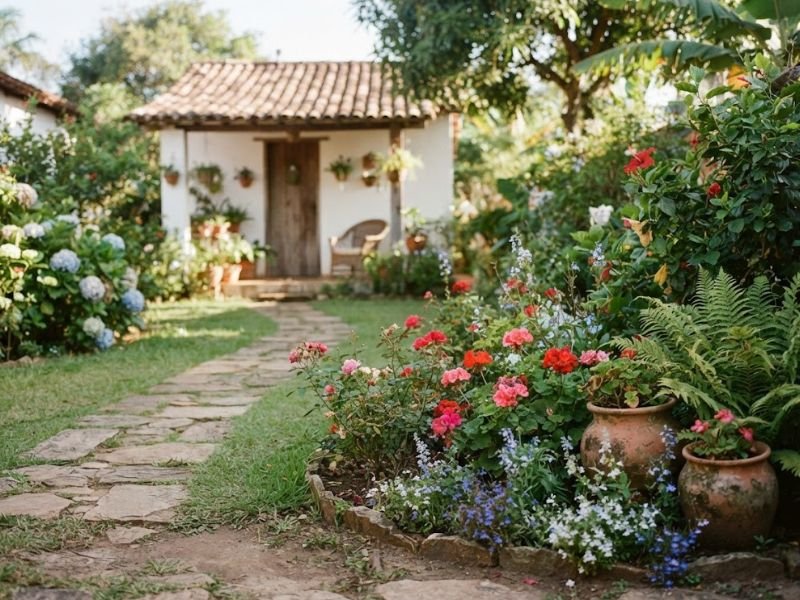Jardim da vovó com flores, folhagens, vasos de barro e caminho de pedras.