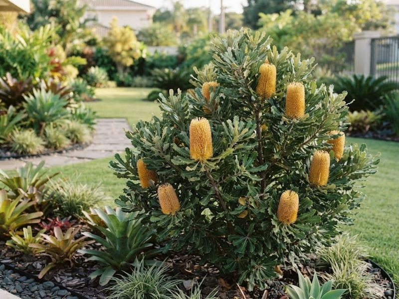 Banksia adulta com flores douradas e folhas verdes em jardim residencial