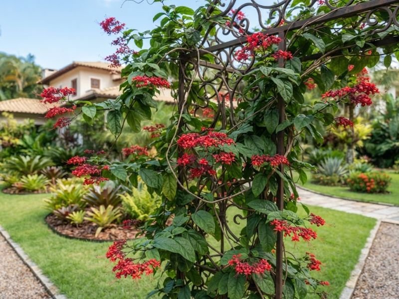 Clerodendro vermelho crescendo sobre treliça ornamental no jardim