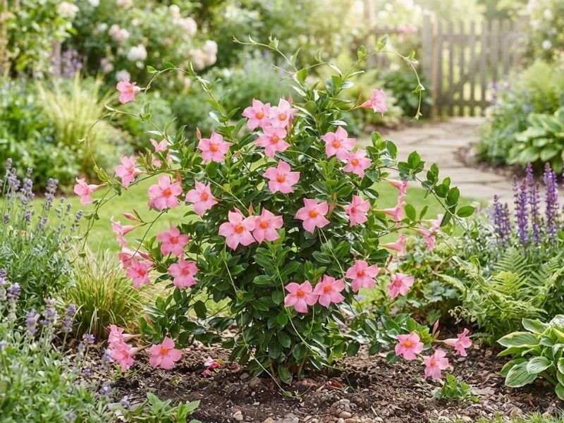 Dipladênia rosa com ramos flexíveis, folhas verdes brilhantes e flores em formato de trombeta.
