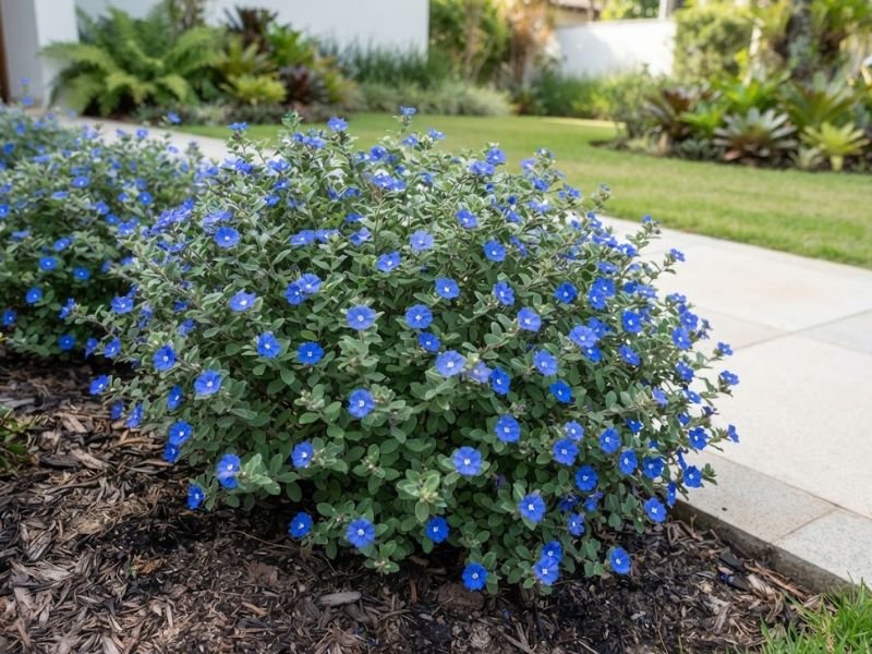 Flor azulzinha com pequenas flores azuis de centro claro e folhas aveludadas