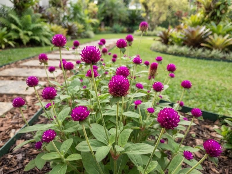 Flor perpétua com inflorescências roxo-magenta arredondadas sobre hastes eretas