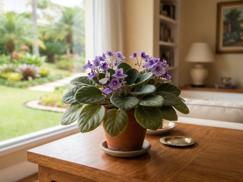 Flor violeta roxa em vaso com folhas verdes aveludadas dentro de casa