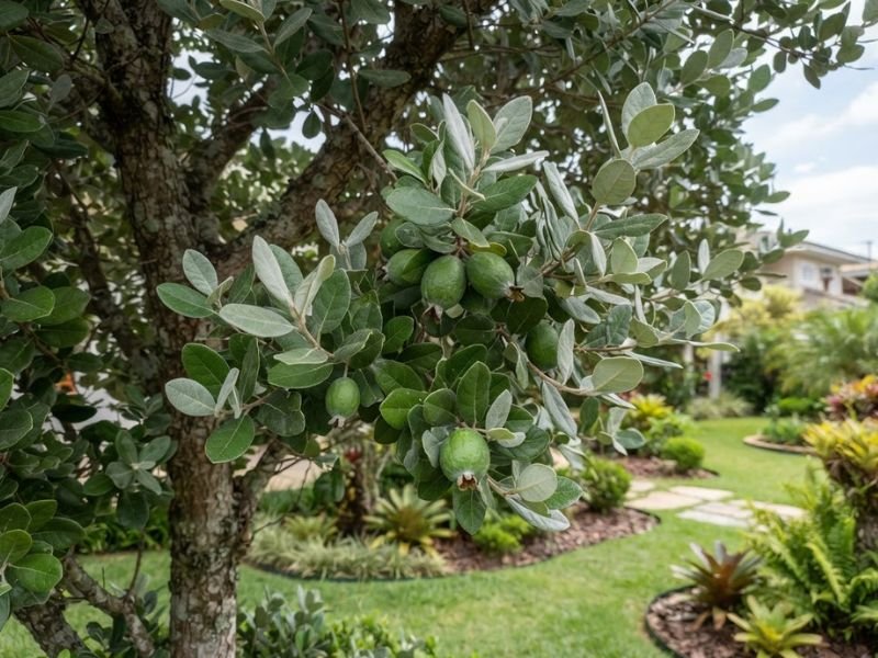 Goiaba serrana com frutos verdes entre folhas de verso prateado em árvore adulta