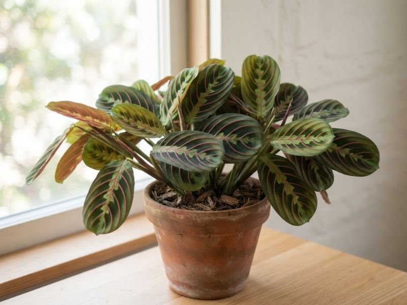 Maranta leuconeura adulta com folhas ovais verdes e nervuras vermelhas