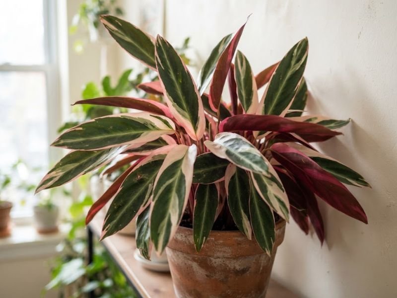 Maranta tricolor adulta com folhas alongadas verdes, creme e rosa e verso vinho