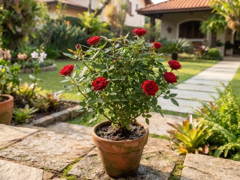 Mini rosa vermelha de porte compacto cultivada em vaso de barro no jardim.