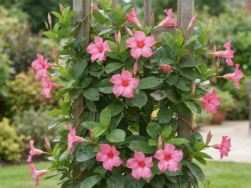 Mandevilla trepadeira adulta com flores rosas e folhas grandes crescendo em treliça de madeira.