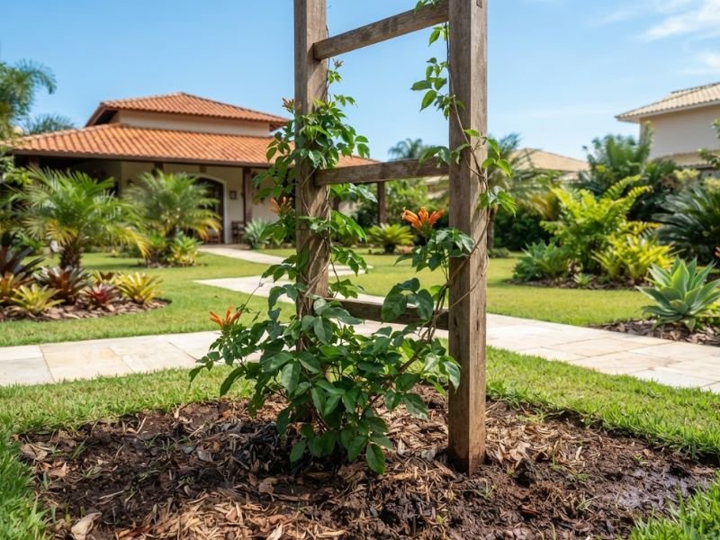 Muda de cipó de são joão plantada em canteiro ensolarado junto a uma treliça alta de madeira.