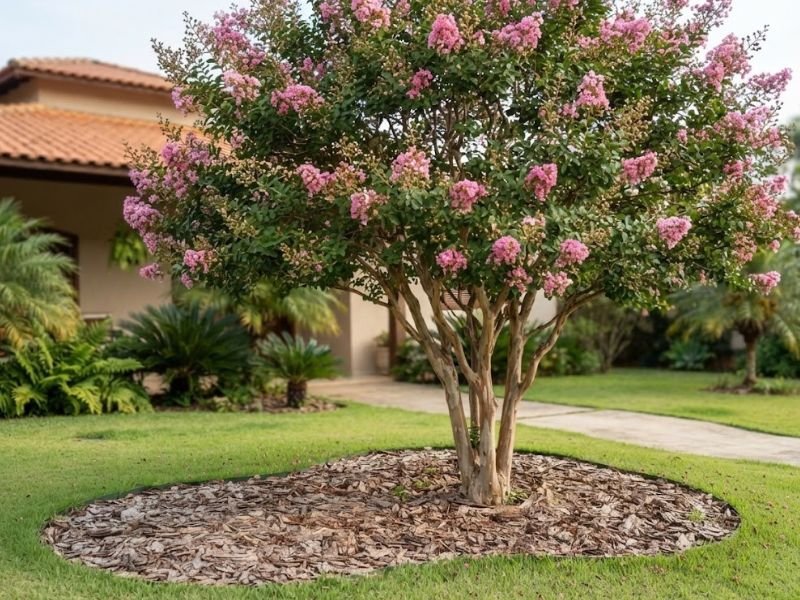 Extremosa florida plantada em área aberta e ensolarada do jardim