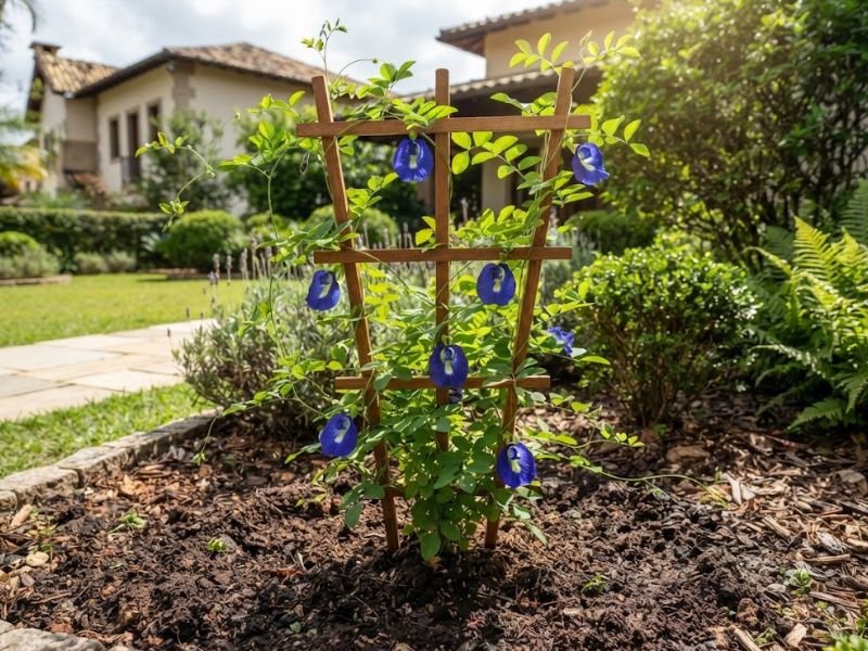 Flor fada azul plantada em canteiro ensolarado com pequena treliça de madeira em jardim residencial.