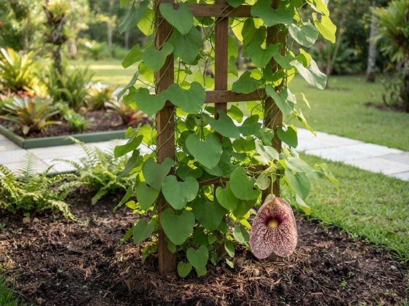 Flor papo de peru plantada no solo ao lado de treliça de madeira em área iluminada de jardim residencial.