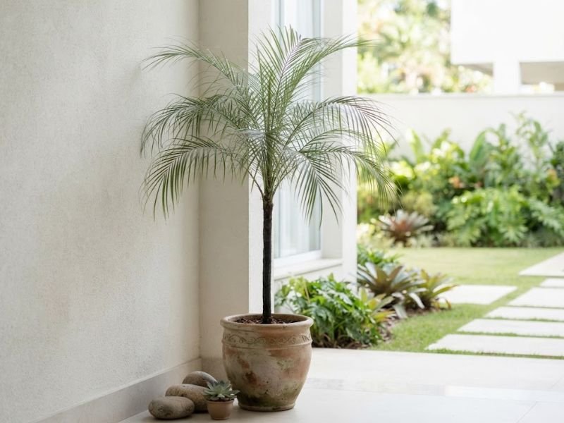 Palmeira de Petrópolis em vaso com tronco fino e folhas delicadas