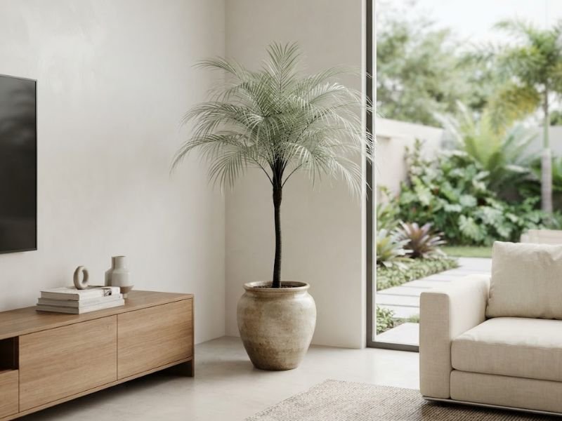 Palmeira de Petrópolis em vaso integrada à decoração de uma sala clara