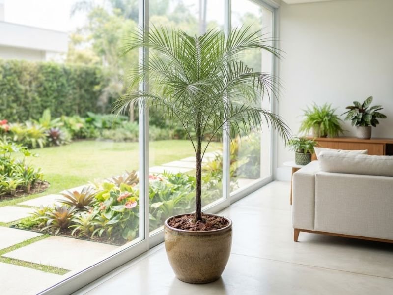 Palmeira de Petrópolis em vaso dentro de sala próxima a grande janela