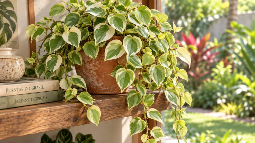Peperomia scandens variegata em vaso sobre prateleira de madeira, com folhas verdes e creme e ramos pendentes.