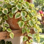Peperomia scandens variegata em vaso sobre prateleira de madeira, com folhas verdes e creme e ramos pendentes.