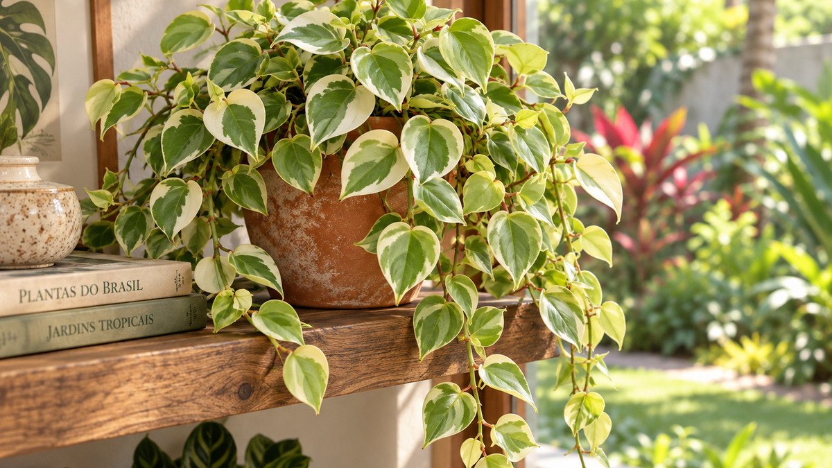 Peperomia scandens variegata em vaso sobre prateleira de madeira, com folhas verdes e creme e ramos pendentes.