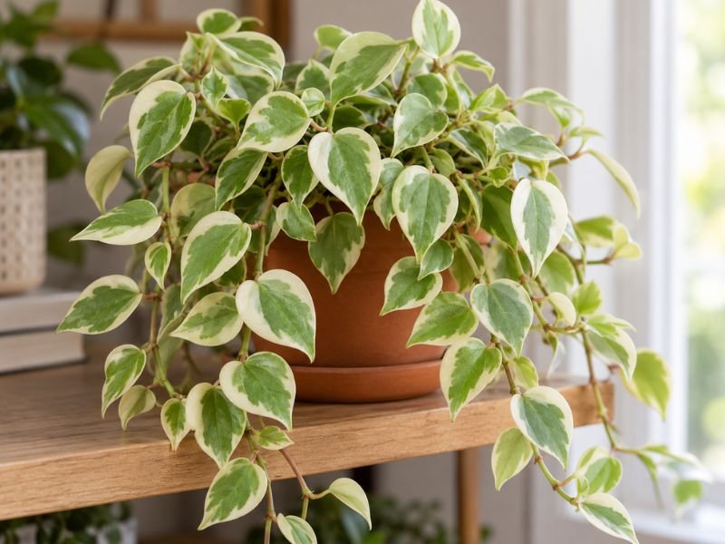 Peperomia scandens variegata em vaso decorativo sobre prateleira, compondo a decoração de uma varanda.