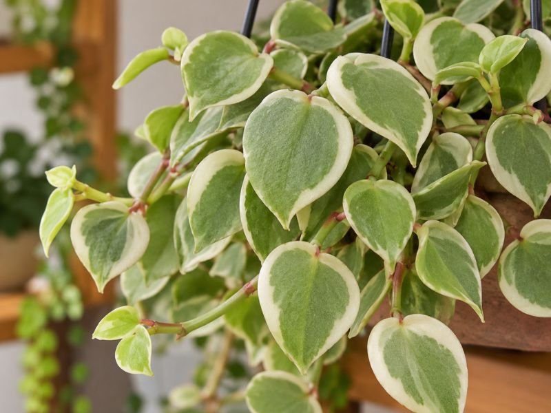 Close das folhas ligeiramente carnudas da Peperomia scandens variegata, com centro verde e margens creme.