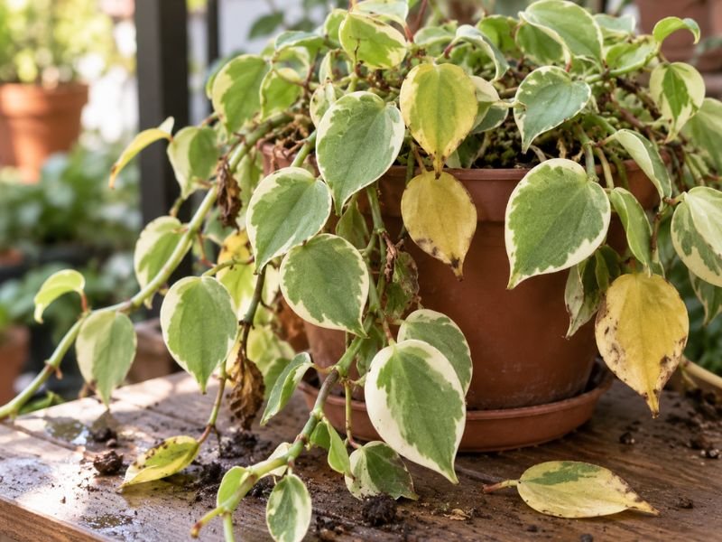 Peperomia scandens variegata com folhas amareladas, manchas e sinais de problemas no cultivo.