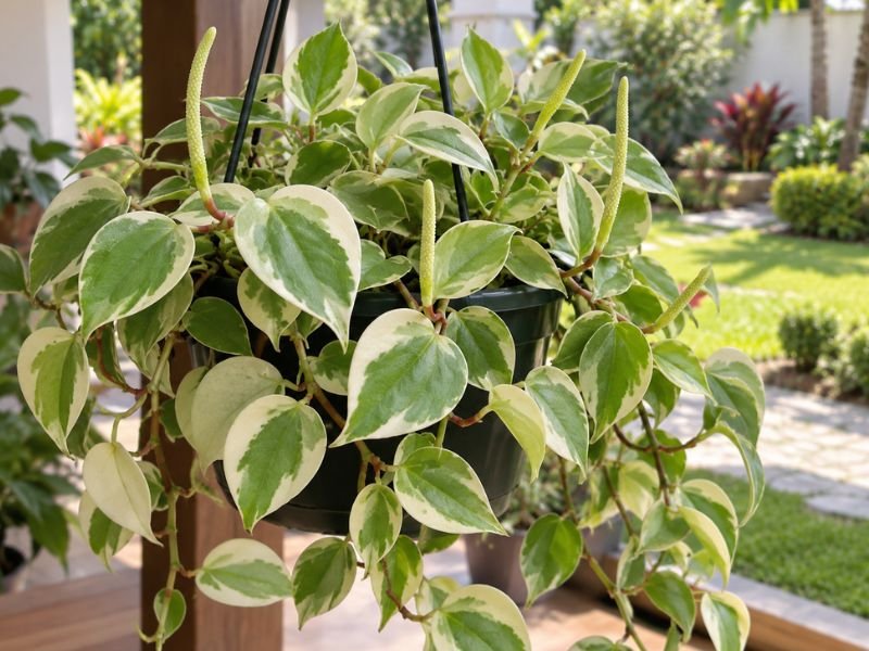 Peperomia scandens variegata com inflorescências finas e esverdeadas surgindo entre as folhas.