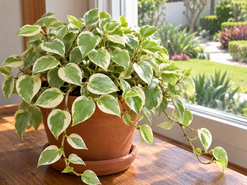Peperomia scandens variegata cultivada em vaso, com folhas verdes de margens creme e ramos pendentes.