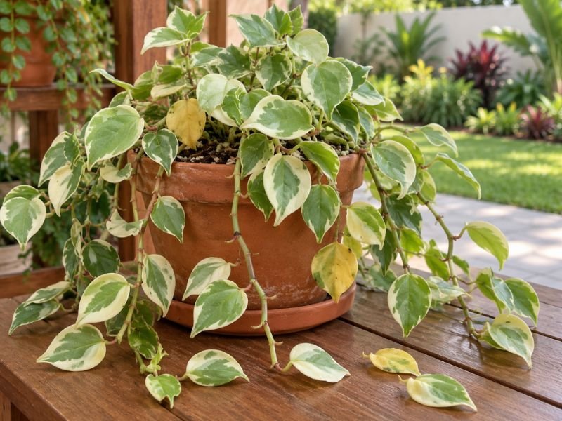 Peperomia scandens variegata com algumas folhas amareladas e folhas caídas próximas ao vaso.