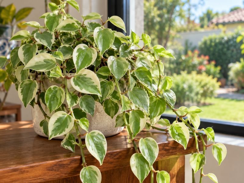 Peperomia scandens variegata próxima a uma janela, recebendo claridade natural indireta.