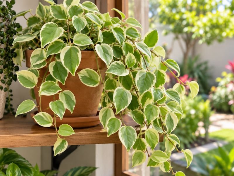 Peperomia scandens variegata saudável em vaso de terracota, com ramos pendentes e jardim ao fundo.
