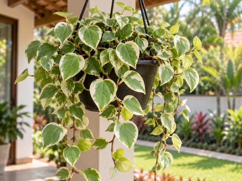 Peperomia scandens variegata em vaso suspenso, com ramos pendentes na varanda de uma residência.
