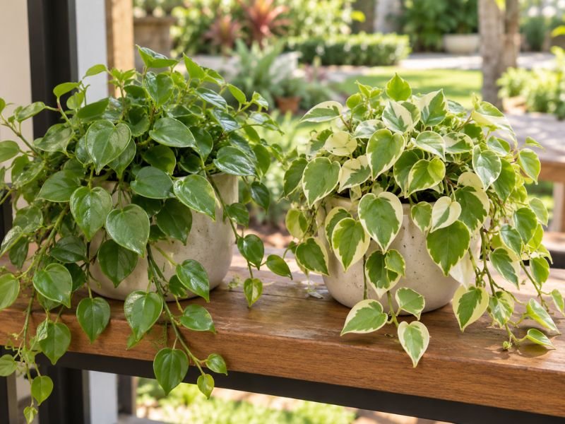 Comparação entre a Peperomia scandens verde e a variegata, cultivadas em vasos lado a lado.