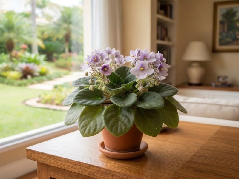 Flor violeta lilás com folhas aveludadas, flores abertas e botões em vaso pequeno
