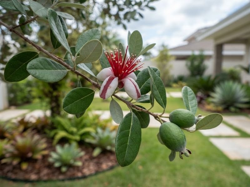 Ramo de goiaba serrana com flor, folhas prateadas e pequenos frutos verdes