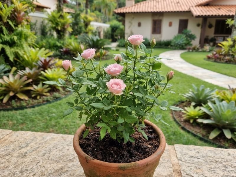 Close de mini rosa cor-de-rosa com flores abertas, botões e folhas verdes serrilhadas.