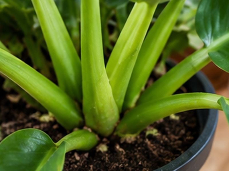 Detalhe de pacová saudável em vaso mostrando folhas e pecíolos característicos