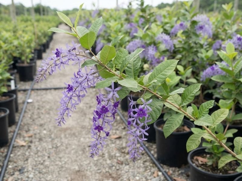 Ramo florido de Petrea volubilis entre mudas de flor-de-São-Miguel em viveiro
