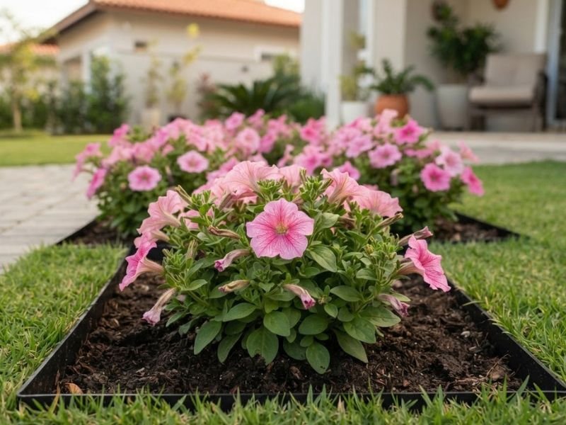 Petúnia rosa com flores e botões em um pequeno canteiro retangular junto ao gramado.