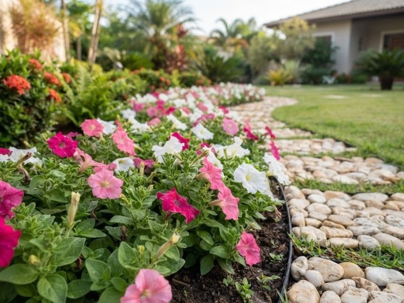 Petúnias rosas e brancas entre as flores para canteiros na primavera em bordadura de jardim